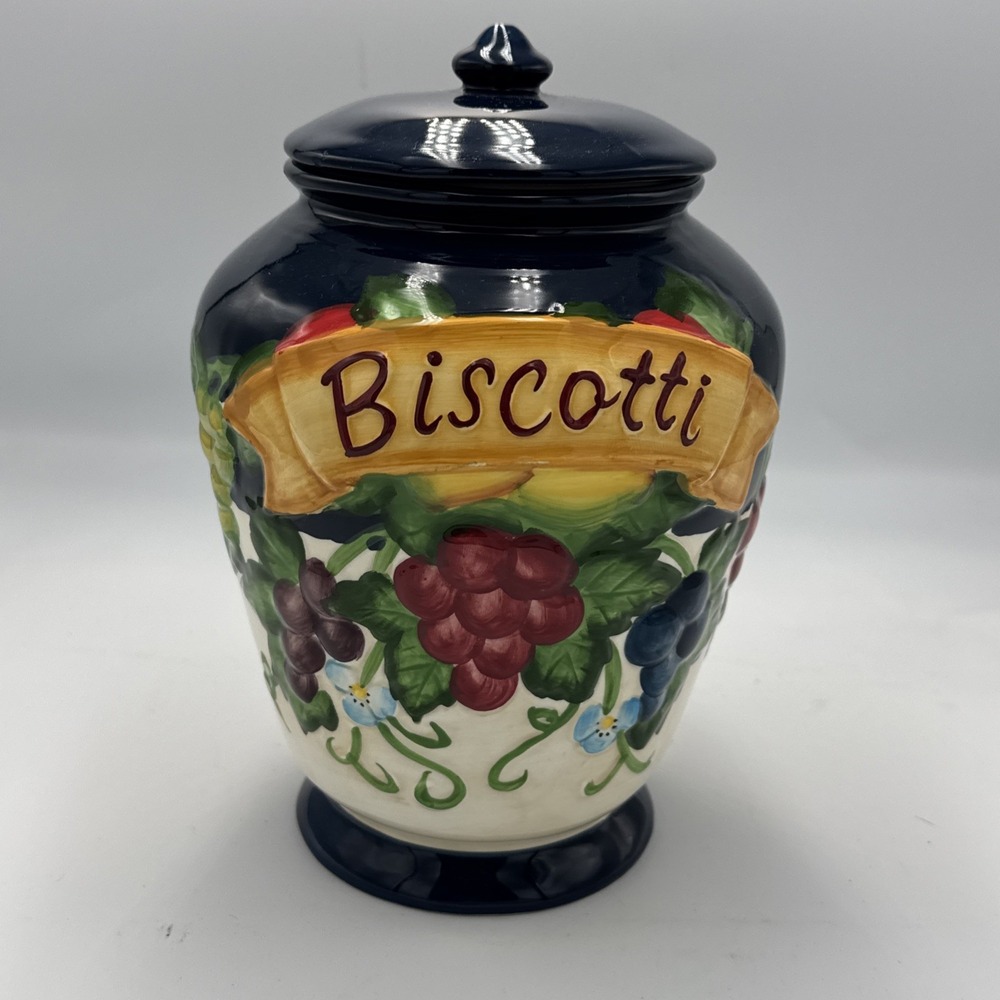 Nonni's 9" Biscotti Cookie Jar Fruits & Vines Blue Hand Painted With Sealing Lid
